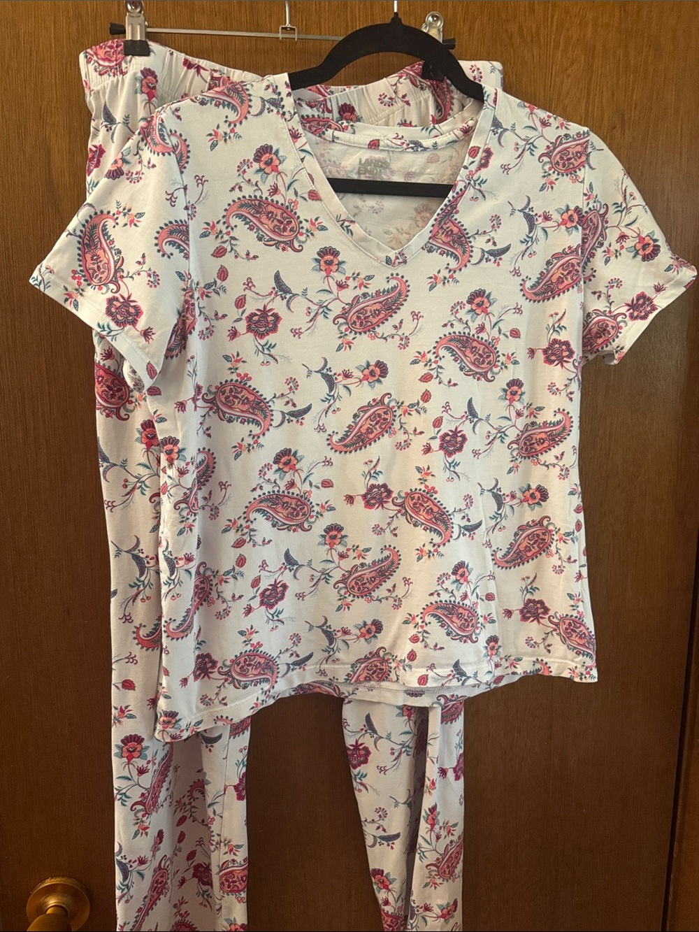 Lands' End White Paisley & Floral Short-Sleeve Pajama Set with Pink Accents